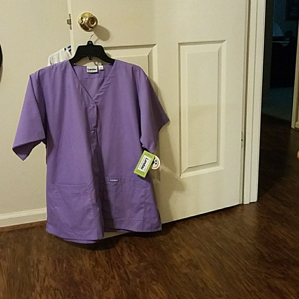 Landau lavender button front scrub top